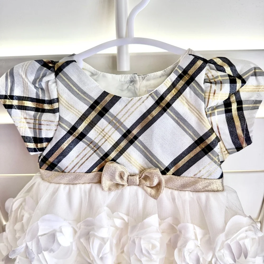 Nannette Baby Girl Holiday Plaid Rosette Party Dress Metallic Gold White 0/3M